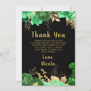 Elegant Green and Gold Flowers Birthday Party Thank You Card