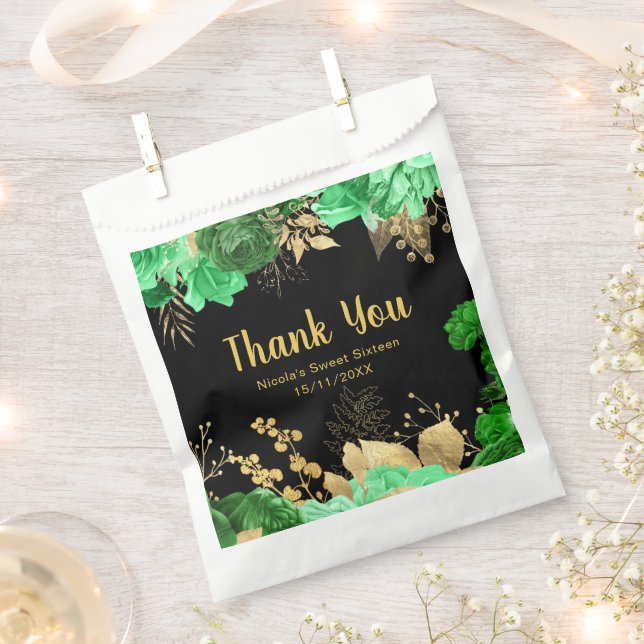 Elegant Green and Gold Flowers Sweet Sixteen Favour Bag (Clipped)