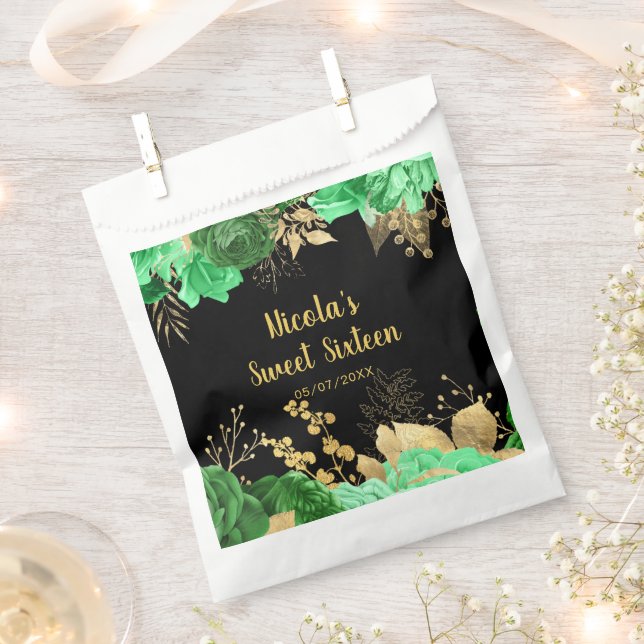 Elegant Green and Gold Flowers Sweet Sixteen Favour Bag (Clipped)