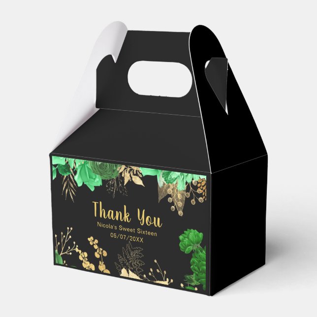 Elegant Green and Gold Flowers Sweet Sixteen Favour Box (Front Side)