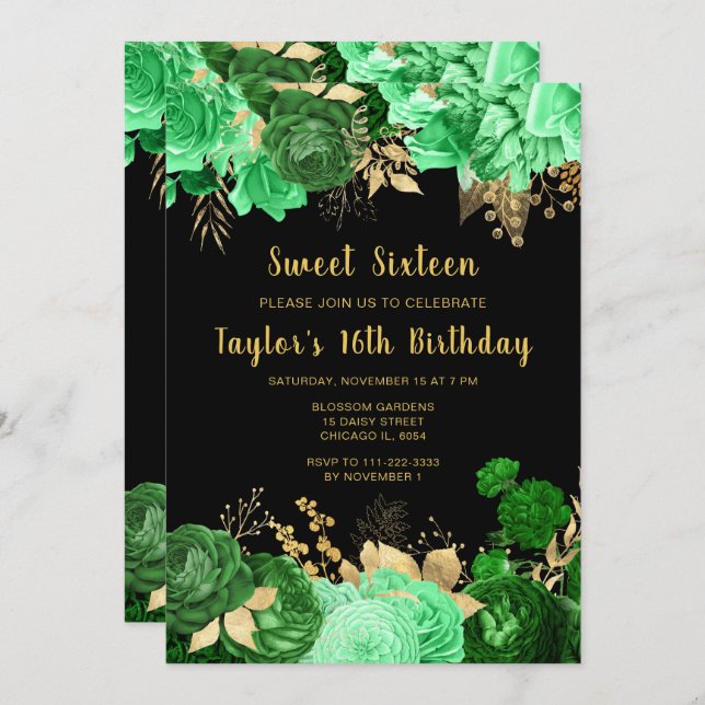 Elegant Green and Gold Flowers Sweet Sixteen Invitation (Front/Back)