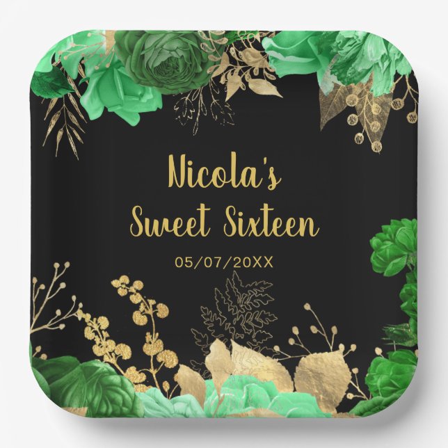 Elegant Green and Gold Flowers Sweet Sixteen Paper Plate (Front)