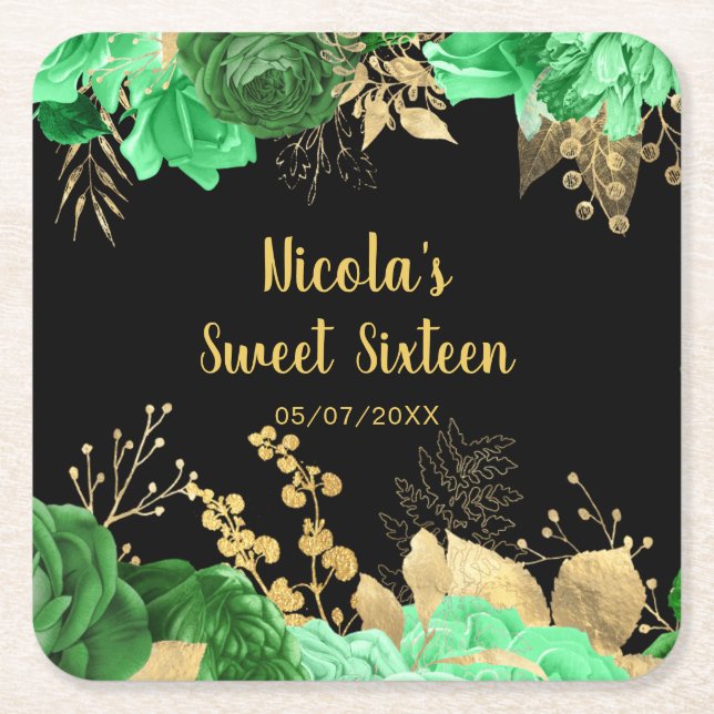 Elegant Green and Gold Flowers Sweet Sixteen Square Paper Coaster (Front)