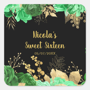 Elegant Green and Gold Flowers Sweet Sixteen Square Sticker