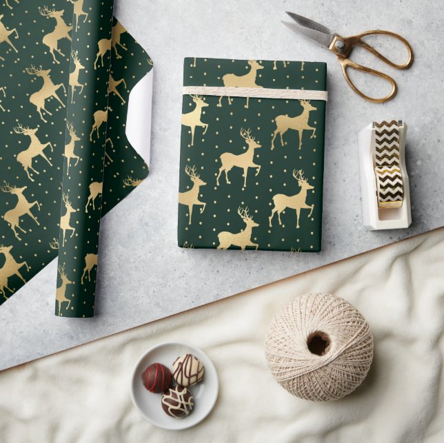 Elegant Green and Gold Foil Reindeer Christmas Wrapping Paper (Crafts)
