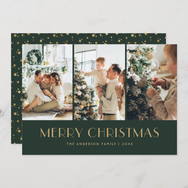 Elegant Green and Gold Foil Stars Photo Christmas Holiday Card (Front/Back)