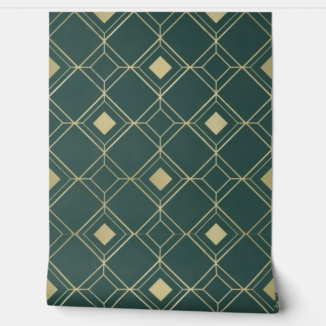 Elegant Green and Gold Geometric Pattern Wallpaper (Unrolling)