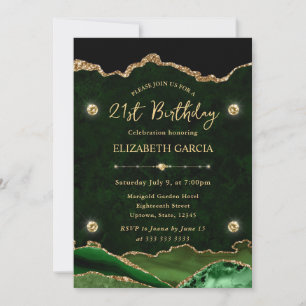 Elegant Green and Gold Glitter Agate 21st Birthday Invitation