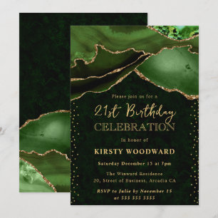 Elegant Green and Gold Glitter Agate 21st Birthday Invitation