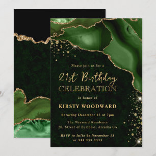 Elegant Green and Gold Glitter Agate 21st Birthday Invitation