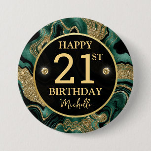 Elegant Green and Gold Glitter Agate Birthday 7.5 Cm Round Badge