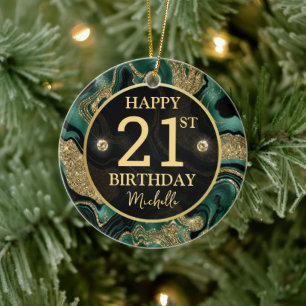 Elegant Green and Gold Glitter Agate Birthday Ceramic Ornament