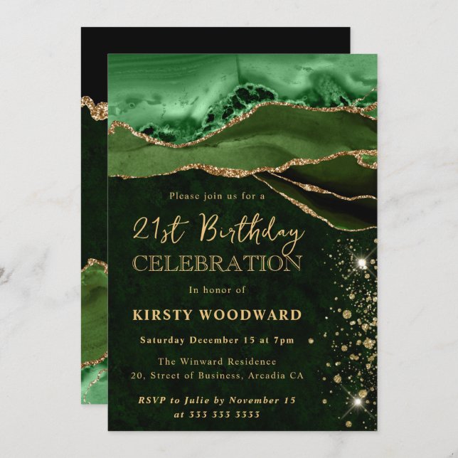Elegant Green and Gold Glitter Agate Birthday Invitation (Front/Back)