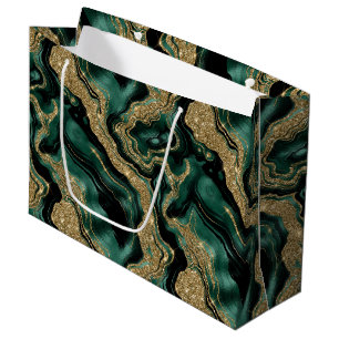 Elegant Green and Gold Glitter Agate Birthday Large Gift Bag