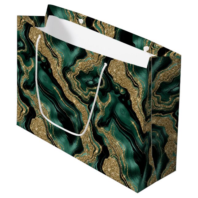 Elegant Green and Gold Glitter Agate Birthday Large Gift Bag (Front Angled)