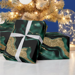 Elegant Green and Gold Glitter Agate Birthday Wrapping Paper