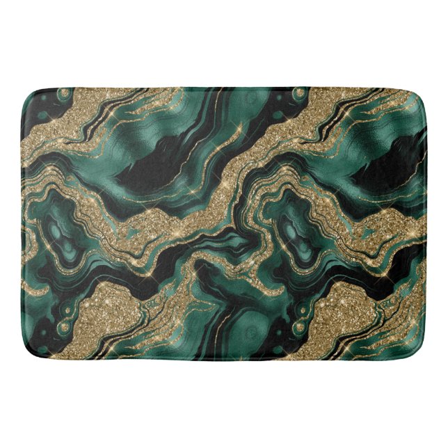 Elegant Green and Gold Glitter Agate Pattern Bath Mat (Front)