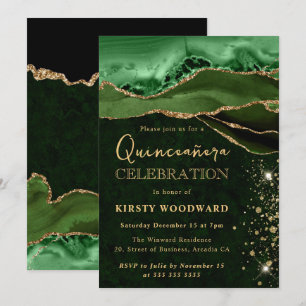 Elegant Green and Gold Glitter Agate Quinceanera Invitation