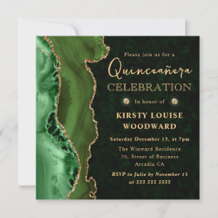 Elegant Green and Gold Glitter Agate Quinceanera Invitation