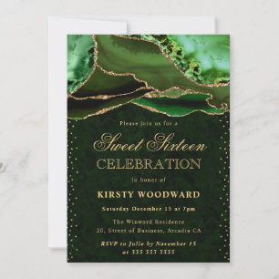 Elegant Green and Gold Glitter Agate Sweet 16 Invitation