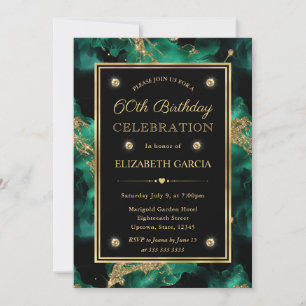Elegant Green and Gold Glitter Ink 60th Birthday Invitation