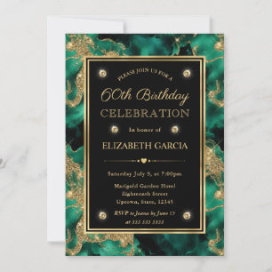 Elegant Green and Gold Glitter Ink 60th Birthday Invitation