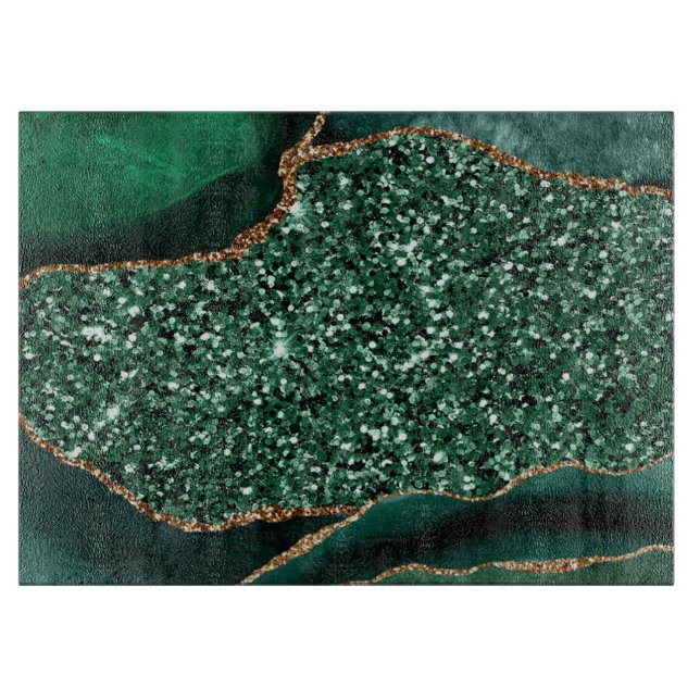 Elegant Green and Gold Glitter Ocean Agate Cutting Board (Front)