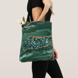 Elegant Green and Gold Glitter Ocean Agate Tote Bag