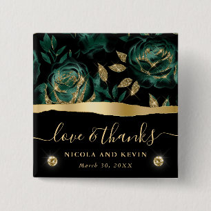 Elegant Green and Gold Glitter Rose Floral Wedding 15 Cm Square Badge