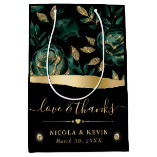 Elegant Green and Gold Glitter Rose Floral Wedding Medium Gift Bag
