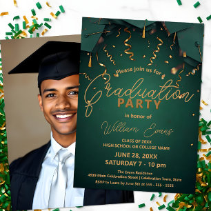 Elegant Green and Gold Graduation Party with Photo Invitation