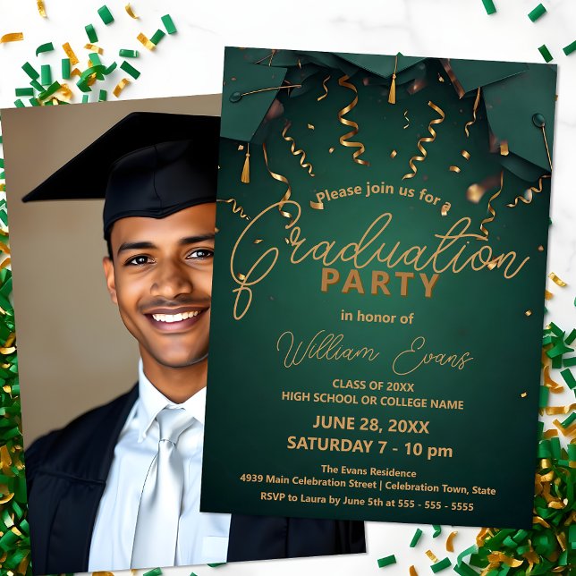 Elegant Green and Gold Graduation Party with Photo Invitation (Creator Uploaded)