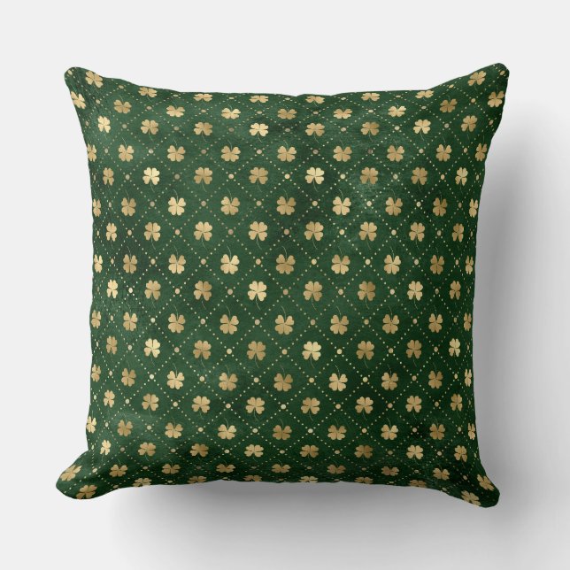 Elegant Green and Gold Irish Shamrock Clover Cushion (Front)