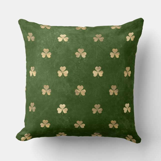 Elegant Green and Gold Irish Shamrock Clover Cushion (Front)