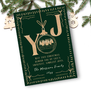 Elegant Green and Gold “JOY” Winter Village Scene Holiday Card