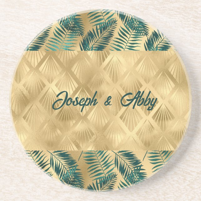 Elegant Green and Gold Leaves Coaster (Front)