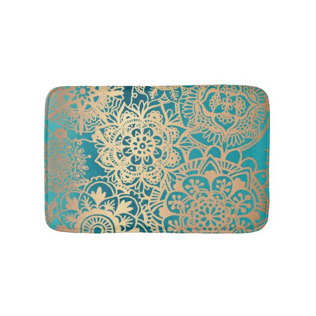 Elegant Green and Gold Mandala Pattern Bath Mat (Front)