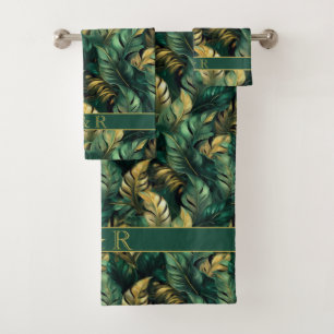 Elegant Green and Gold Monstera Leaves Bath Towel Set