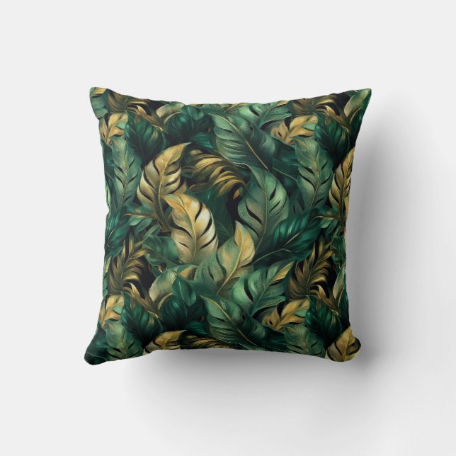 Elegant Green and Gold Monstera Leaves Cushion (Back)