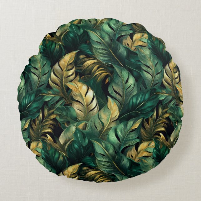 Elegant Green and Gold Monstera Leaves Round Cushion (Front)