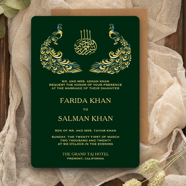 Elegant Green and Gold Peacock Islamic Wedding Invitation (Creator Uploaded)