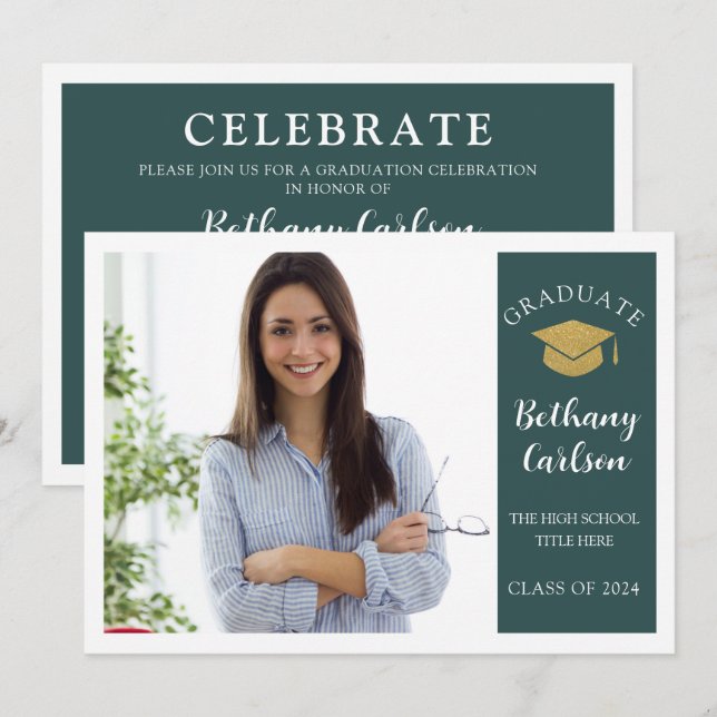 Elegant Green and Gold Photo Graduation Party Invitation (Front/Back)