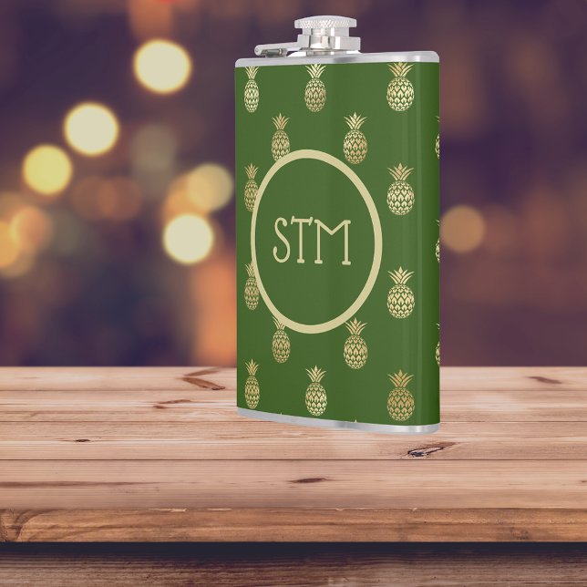 Elegant Green and Gold Pineapple Monogram  Hip Flask (Creator Uploaded)