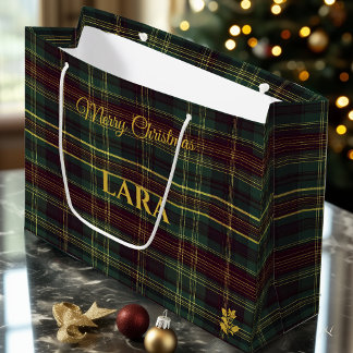 Elegant Green and Gold Plaid Christmas Custom Large Gift Bag