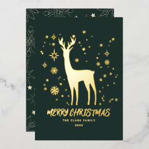 Elegant Green and Gold Reindeer Merry Christmas Foil Holiday Card