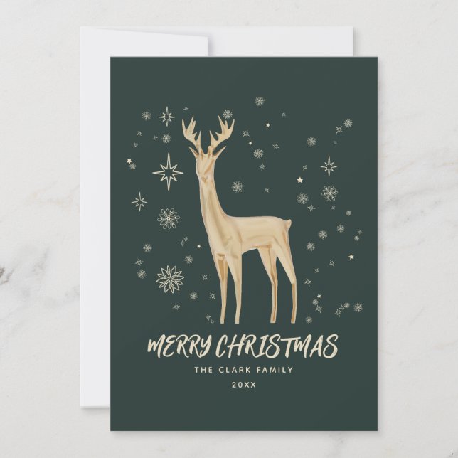 Elegant Green and Gold Reindeer Merry Christmas Holiday Card (Front)
