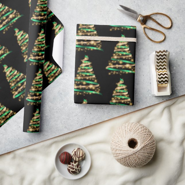 Elegant Green and Gold Ribbon Tree Christmas Wrapping Paper (Crafts)