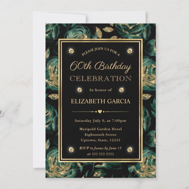 Elegant Green and Gold Rose Floral 60th Birthday Invitation (Front)