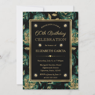 Elegant Green and Gold Rose Floral 60th Birthday Invitation