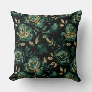 Elegant Green and Gold Rose Floral Pattern Cushion